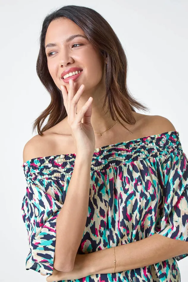 Multi Contrast Animal Print Bardot Top Women Roman Tops