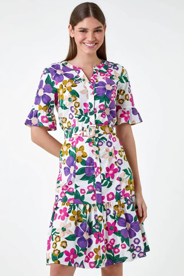 Multi Floral Frill Cotton Shirt Dress Women Roman Dresses
