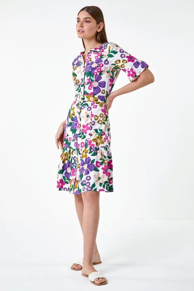 Multi Floral Frill Cotton Shirt Dress Women Roman Dresses