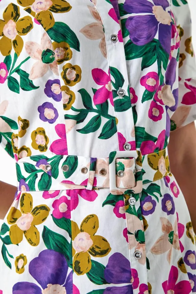 Multi Floral Frill Cotton Shirt Dress Women Roman Dresses