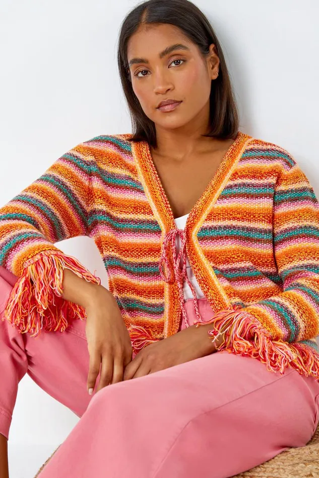 Multi Fringed Contrast VNeck Stripe Cardigan Women Roman Knitwear