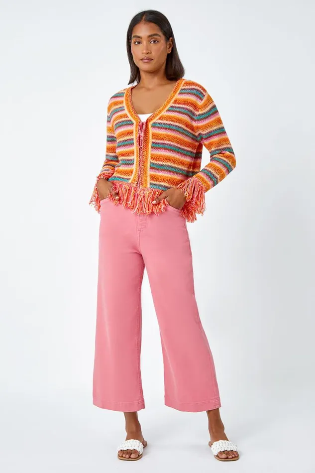Multi Fringed Contrast VNeck Stripe Cardigan Women Roman Knitwear