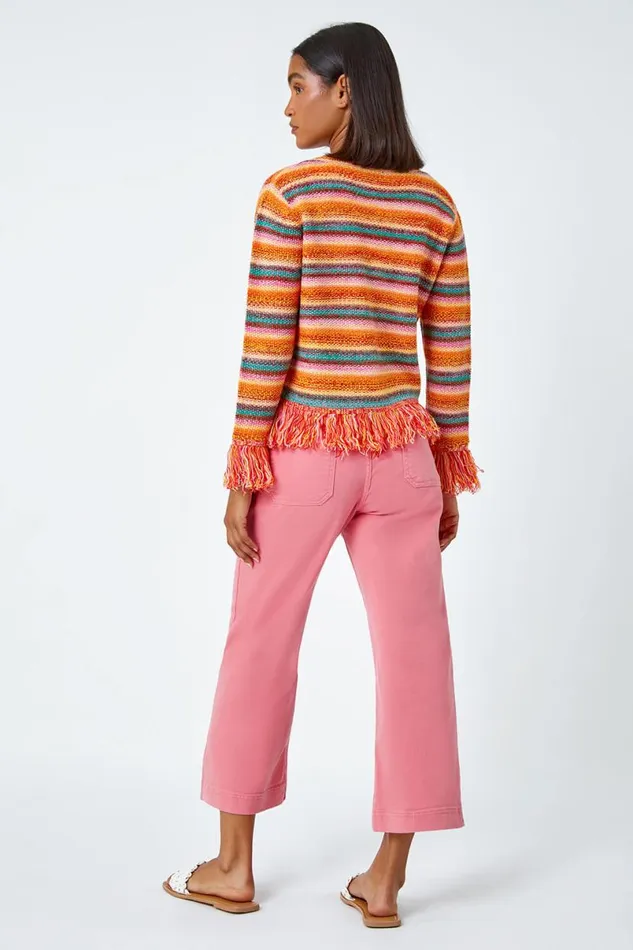 Multi Fringed Contrast VNeck Stripe Cardigan Women Roman Knitwear