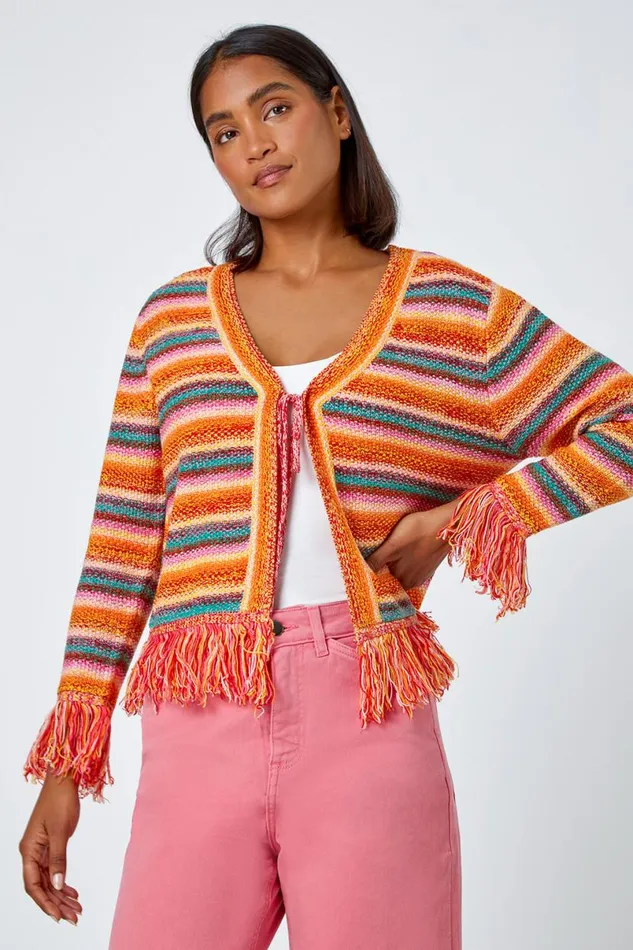Multi Fringed Contrast VNeck Stripe Cardigan Women Roman Knitwear