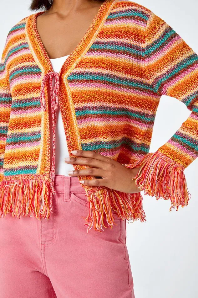 Multi Fringed Contrast VNeck Stripe Cardigan Women Roman Knitwear