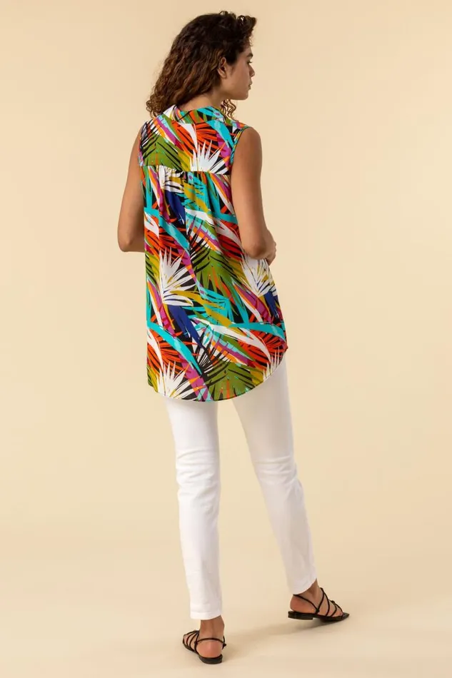 Multi Palm Print Button Detail Tunic Top Women Roman Tops