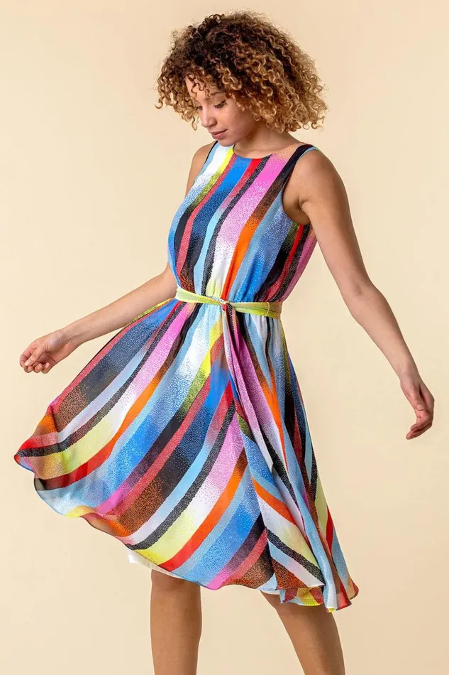 Multi Rainbow Stripe Print Midi Dress Women Roman Dresses