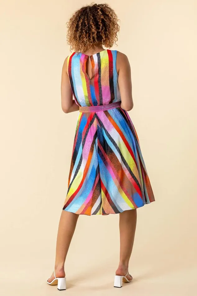 Multi Rainbow Stripe Print Midi Dress Women Roman Dresses