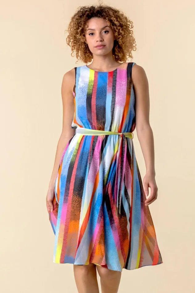 Multi Rainbow Stripe Print Midi Dress Women Roman Dresses