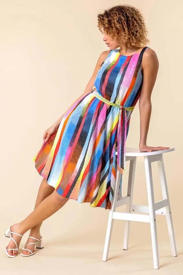 Multi Rainbow Stripe Print Midi Dress Women Roman Dresses