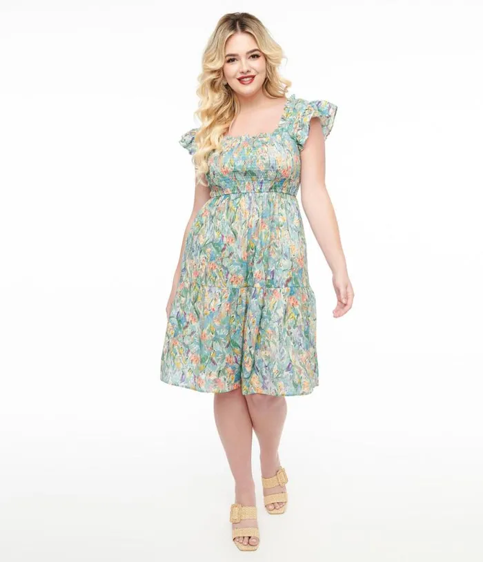 Multicolor Floral Painting Cotton Flare Dress Dresses Unique Vintage Fit and Flare Multicolor Floral Painting Cotton Flare Dress Dresses Unique Vintage Fit and Flare