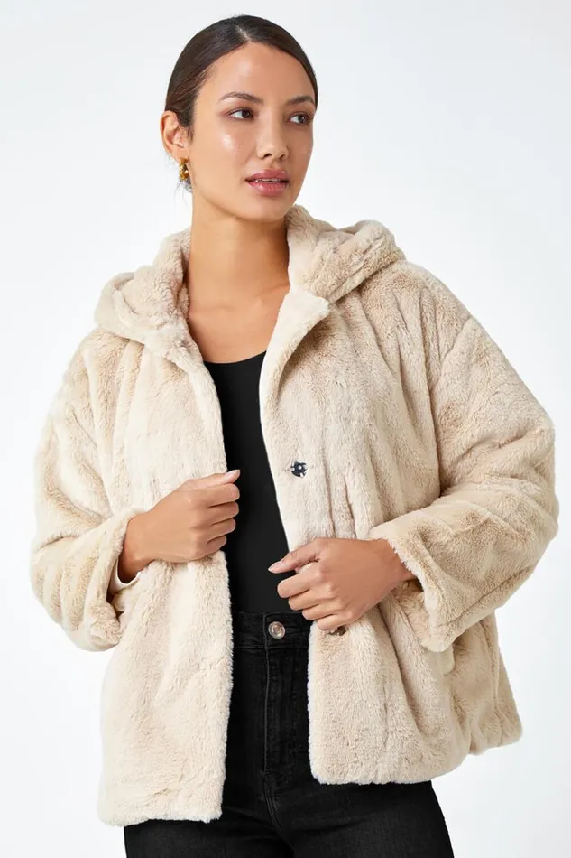 Natural Faux Fur Hooded Jacket Women Roman Jackets