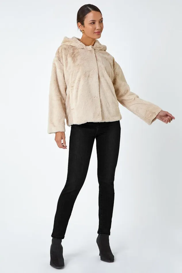 Natural Faux Fur Hooded Jacket Women Roman Jackets