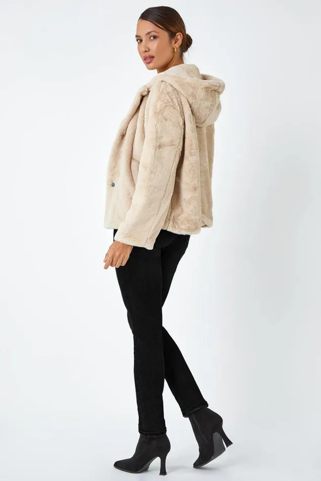 Natural Faux Fur Hooded Jacket Women Roman Jackets