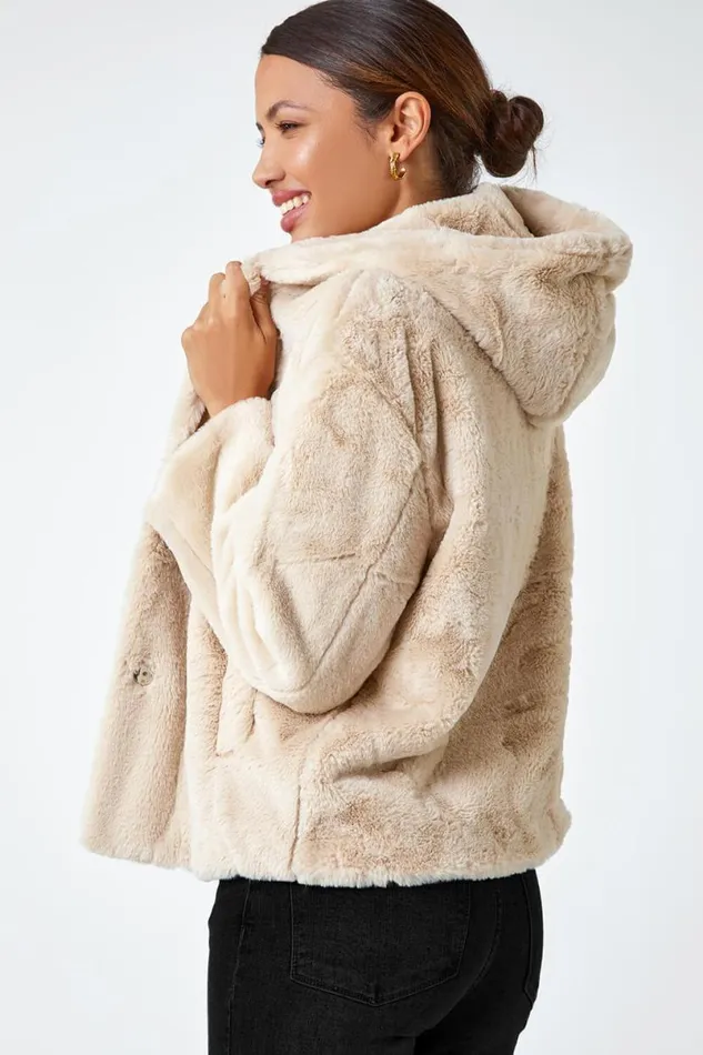 Natural Faux Fur Hooded Jacket Women Roman Jackets