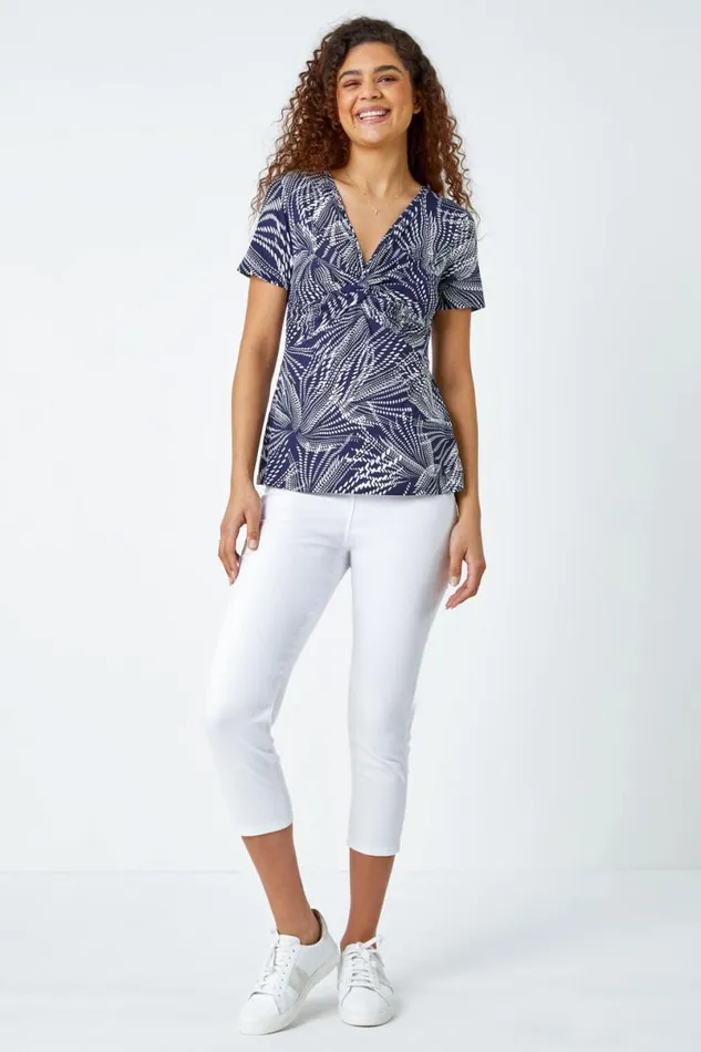 Navy Abstract Twist Front VNeck Stretch Top Women Roman Tops