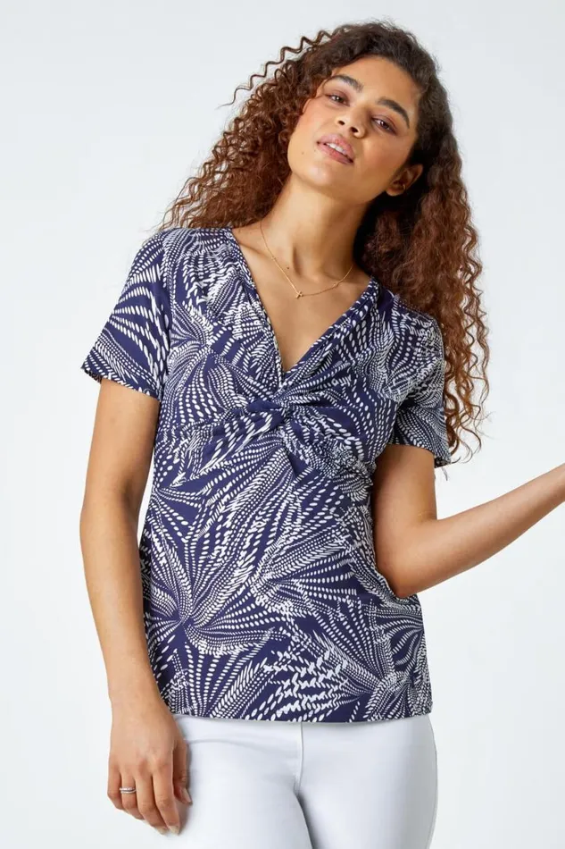 Navy Abstract Twist Front VNeck Stretch Top Women Roman Tops