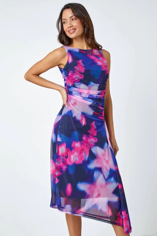 Navy Asymmetric Floral Stretch Mesh Dress Women Roman Dresses