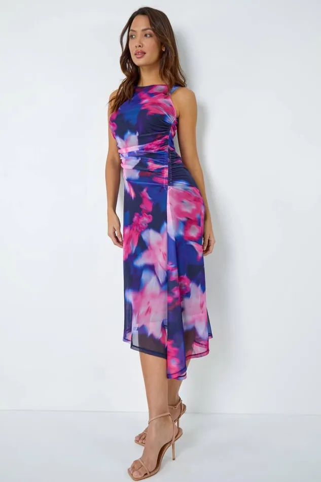 Navy Asymmetric Floral Stretch Mesh Dress Women Roman Dresses