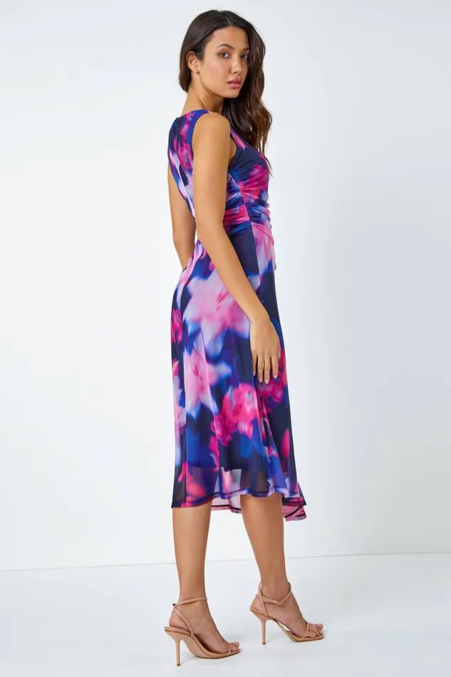 Navy Asymmetric Floral Stretch Mesh Dress Women Roman Dresses