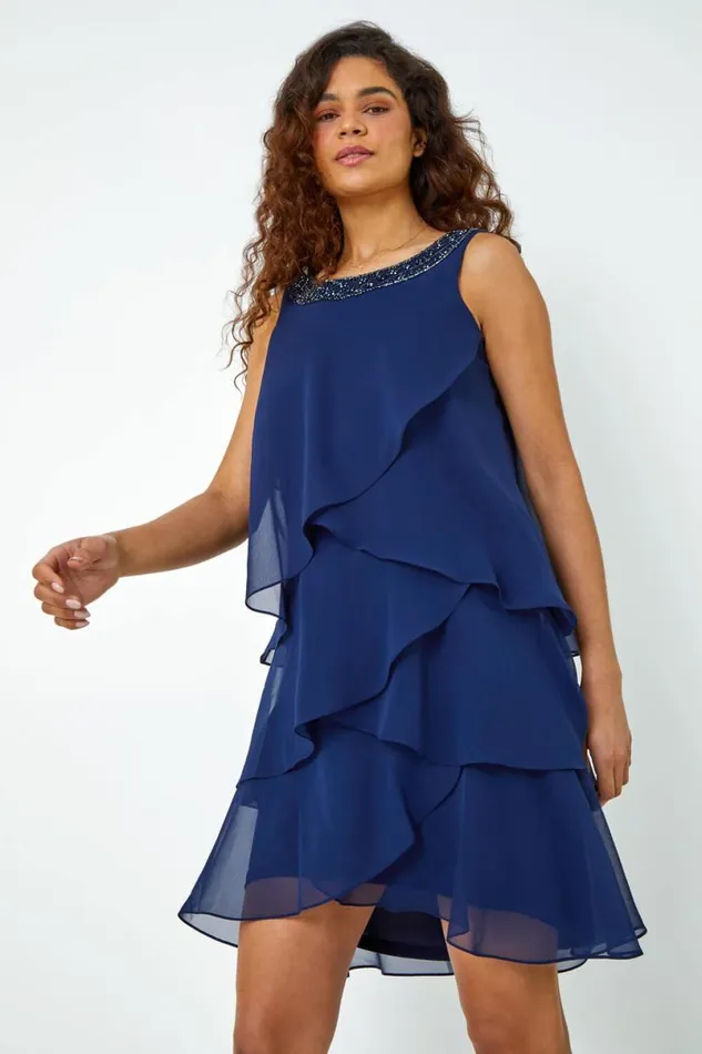 Navy Bead Embellished Tiered Chiffon Dress Women Roman Dresses