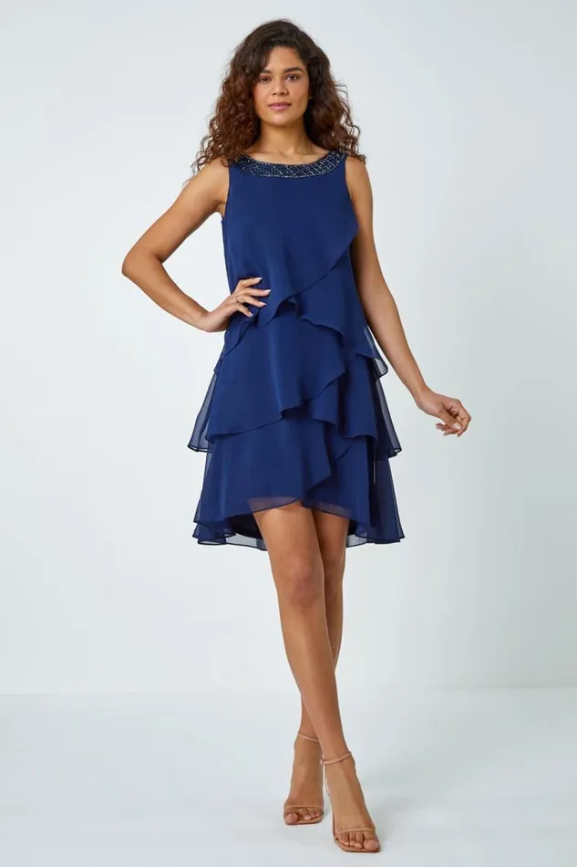 Navy Bead Embellished Tiered Chiffon Dress Women Roman Dresses