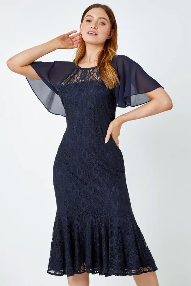 Navy Chiffon Angel Sleeve Stretch Lace Midi Dress Women Roman Dresses