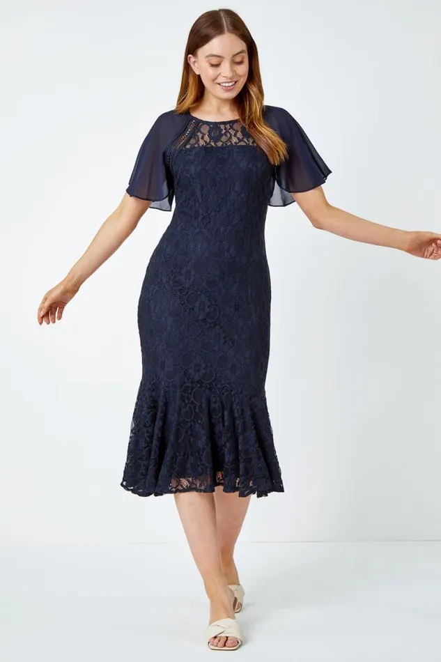 Navy Chiffon Angel Sleeve Stretch Lace Midi Dress Women Roman Dresses
