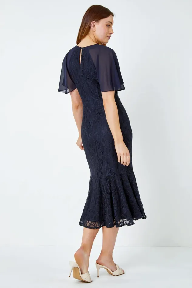 Navy Chiffon Angel Sleeve Stretch Lace Midi Dress Women Roman Dresses