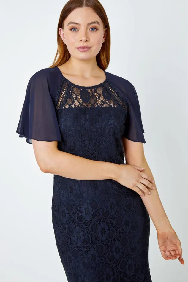 Navy Chiffon Angel Sleeve Stretch Lace Midi Dress Women Roman Dresses