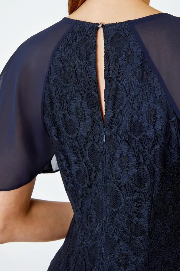 Navy Chiffon Angel Sleeve Stretch Lace Midi Dress Women Roman Dresses