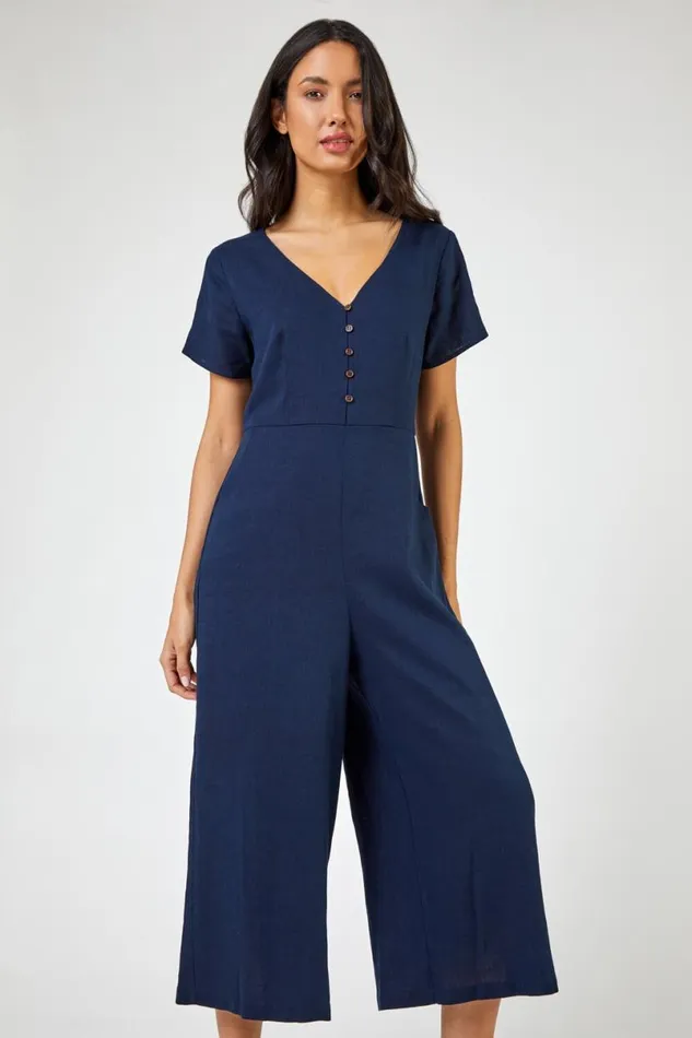 Navy Cotton Blend Culotte Jumpsuit Women Roman Dresses