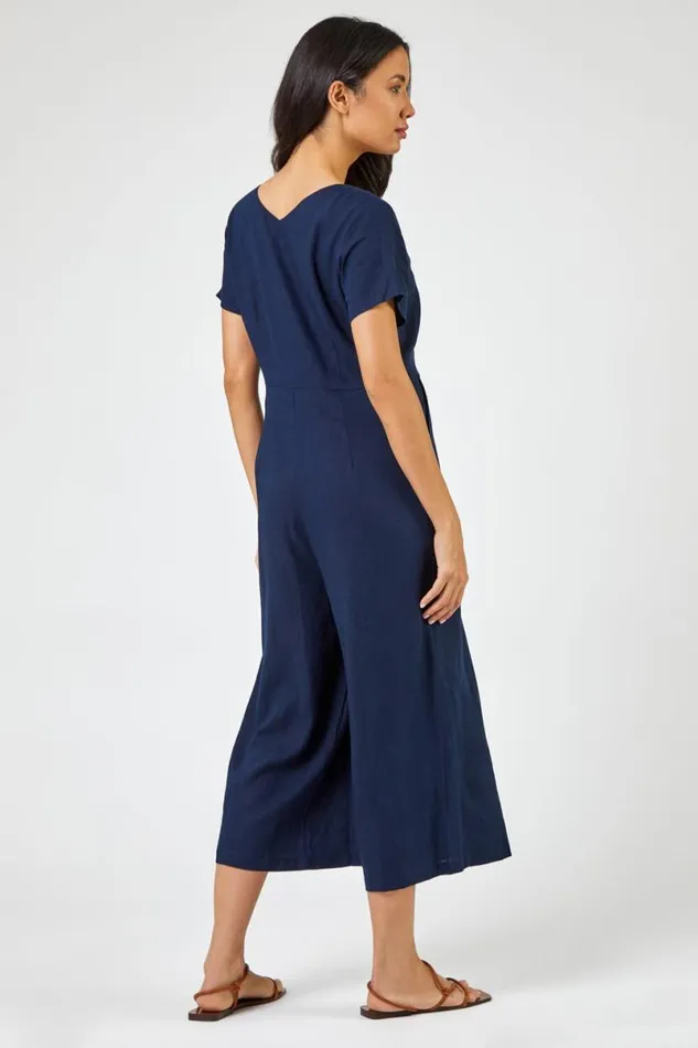 Navy Cotton Blend Culotte Jumpsuit Women Roman Dresses