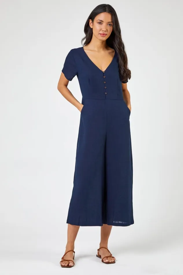 Navy Cotton Blend Culotte Jumpsuit Women Roman Dresses