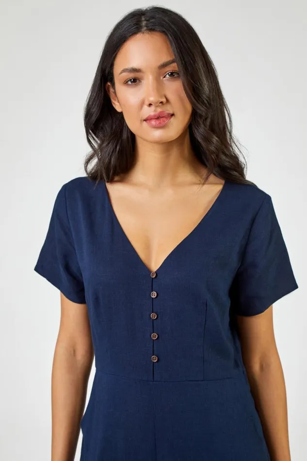 Navy Cotton Blend Culotte Jumpsuit Women Roman Dresses