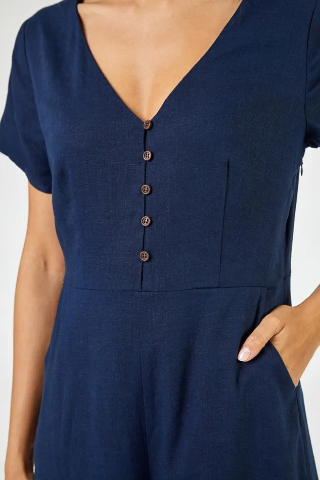 Navy Cotton Blend Culotte Jumpsuit Women Roman Dresses