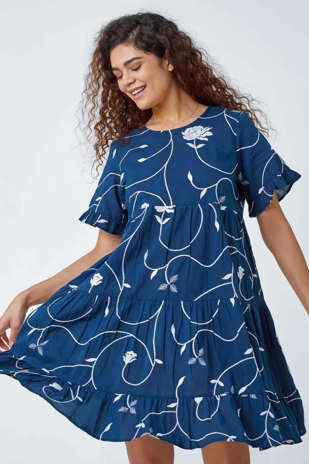 Navy Cotton Embroidered Tiered Smock Dress Women Roman Dresses