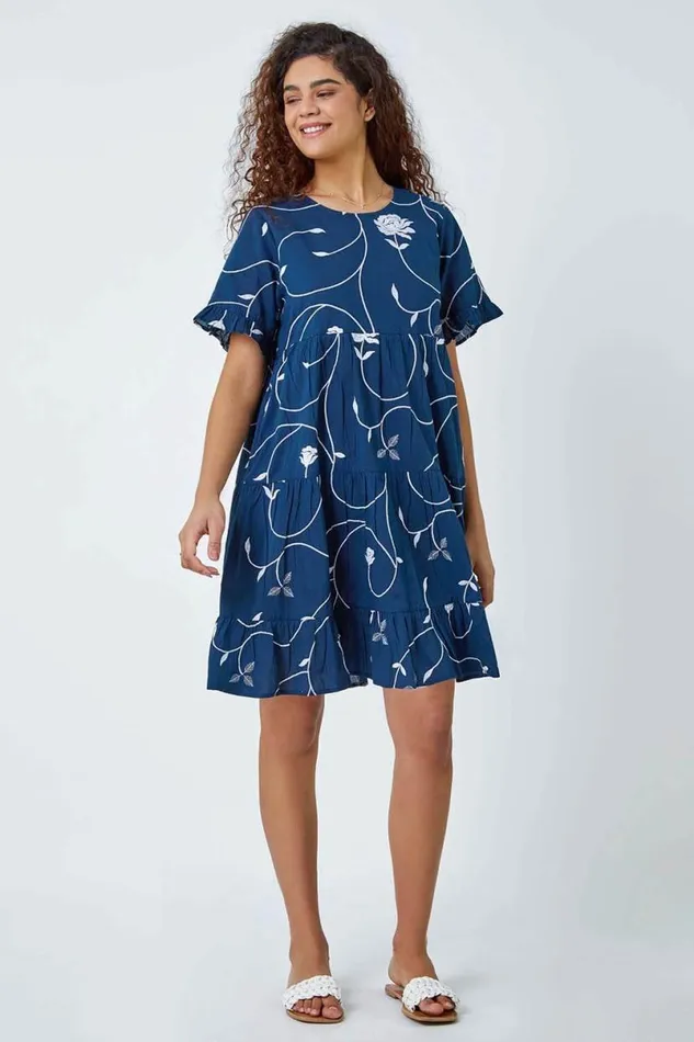 Navy Cotton Embroidered Tiered Smock Dress Women Roman Dresses