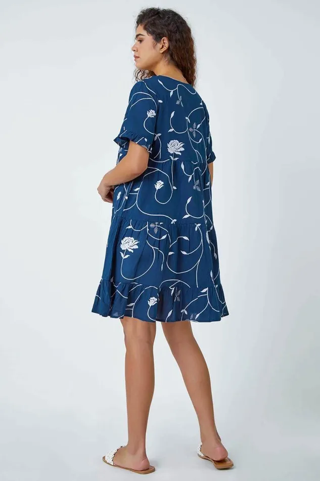 Navy Cotton Embroidered Tiered Smock Dress Women Roman Dresses