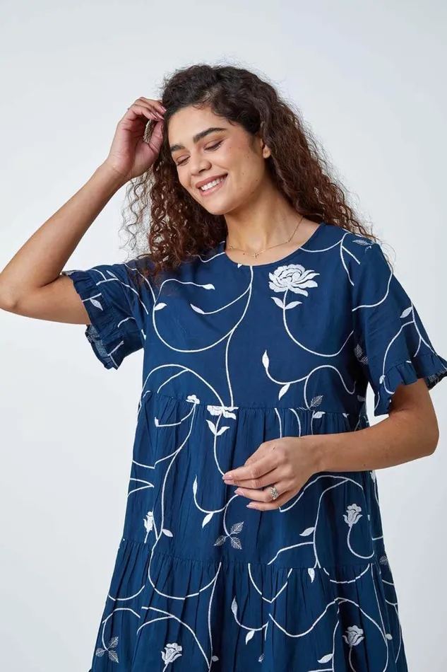Navy Cotton Embroidered Tiered Smock Dress Women Roman Dresses