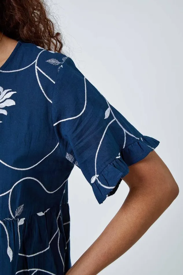 Navy Cotton Embroidered Tiered Smock Dress Women Roman Dresses
