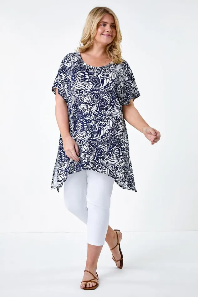Navy Curve Butterfly Bar Back Stretch Top Women Roman Tops