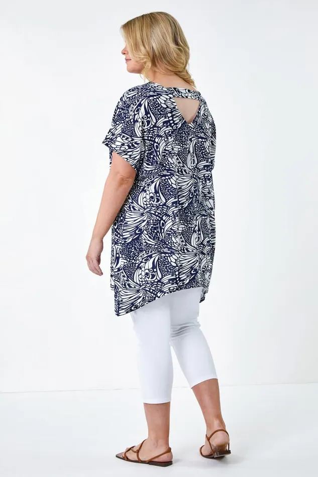 Navy Curve Butterfly Bar Back Stretch Top Women Roman Tops