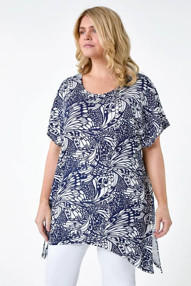 Navy Curve Butterfly Bar Back Stretch Top Women Roman Tops