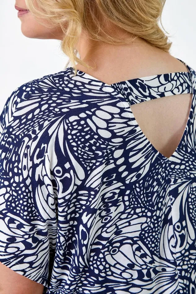 Navy Curve Butterfly Bar Back Stretch Top Women Roman Tops