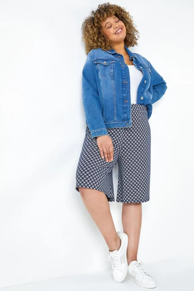 Navy Curve Geometric Elastic Waist Stretch Shorts Women Roman Shorts