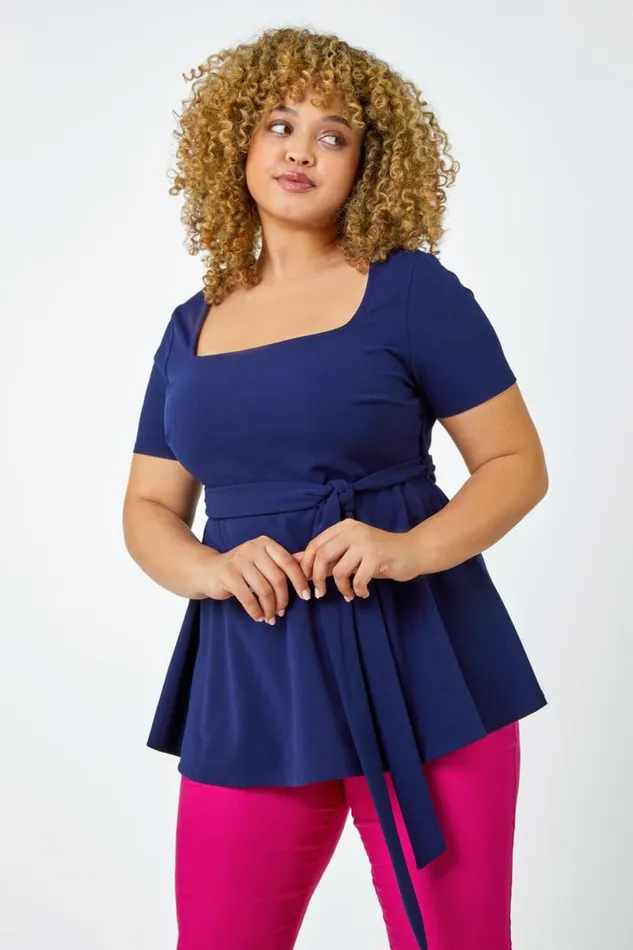 Navy Curve Stretch Belted Peplum Top Women Roman Tops