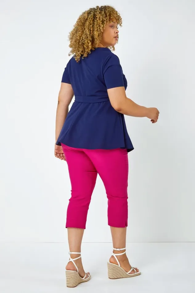 Navy Curve Stretch Belted Peplum Top Women Roman Tops