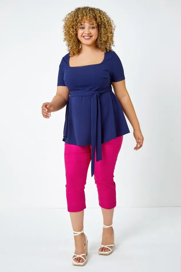 Navy Curve Stretch Belted Peplum Top Women Roman Tops