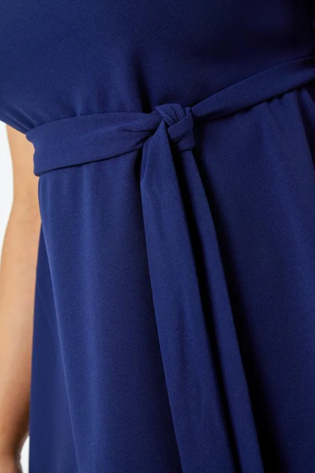 Navy Curve Stretch Belted Peplum Top Women Roman Tops